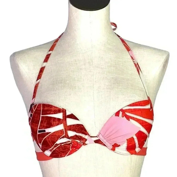 Aerie Women M Tropical Floral Pushup Halter Hipster Bikini Swimsuit Orange Multi - Picture 2 of 12